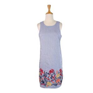 MSK S Tank Dress Blue Striped Embroidered Retro 60s Mod Festival Cottagecore